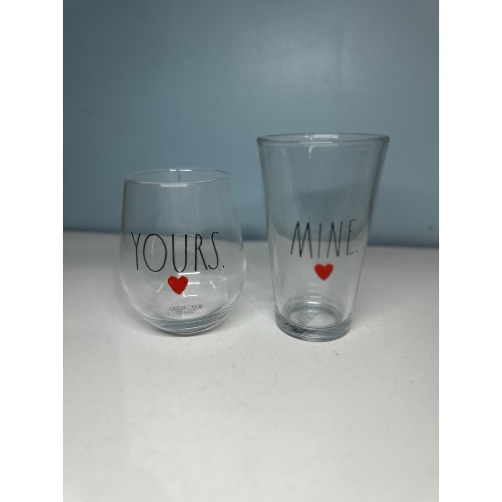 Rae Dunn By Enchante "YOURS" "MINE" Set of 2 Stemless Wine Glass And Beer Glass - Picture 1 of 5